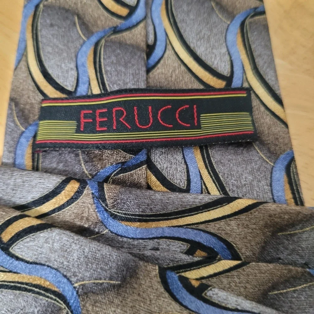 FERUCCI Mens‎ Silk Tie Blue Gray Gold Abstract Pattern